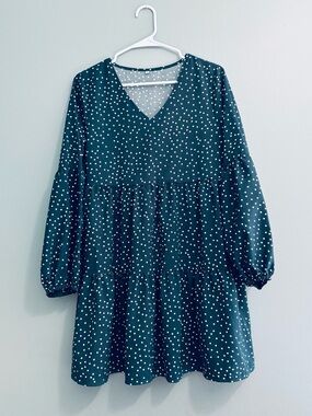 Teal Polka Dot Tiered V-Neck Dress